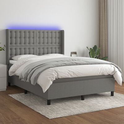 vidaXL Boxspringbett mit Matratze & LED Dunkelgrau 140x200 cm Stoff