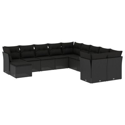 vidaXL 11-tlg. Garten-Sofagarnitur mit Kissen Schwarz Poly Rattan