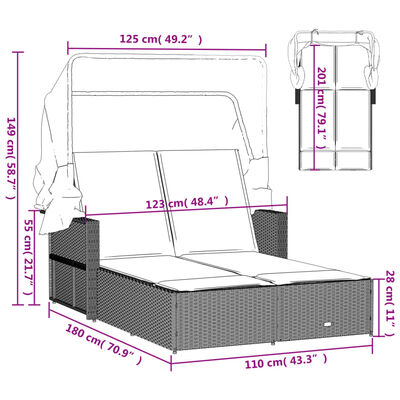 vidaXL Doppel-Sonnenliege mit Dach und Auflagen Braun Poly Rattan