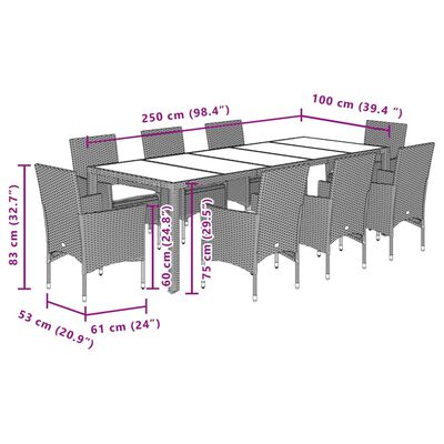 vidaXL 9-tlg. Garten-Essgruppe mit Kissen Grau Poly Rattan und Glas