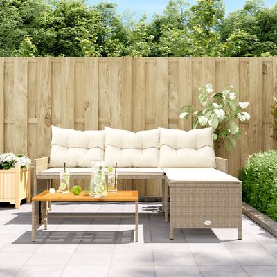 vidaXL Gartensofa in L-Form mit Tisch und Kissen Beige Poly Rattan