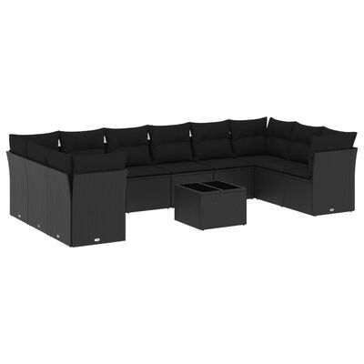 vidaXL 11-tlg. Garten-Sofagarnitur mit Kissen Schwarz Poly Rattan