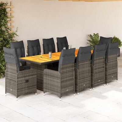 vidaXL 11-tlg. Garten-Bistro-Set mit Kissen Grau Poly Rattan