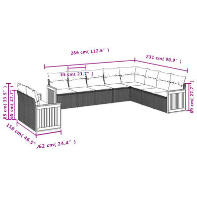 vidaXL 10-tlg. Garten-Sofagarnitur mit Kissen Schwarz Poly Rattan