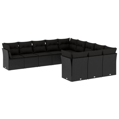 vidaXL 11-tlg. Garten-Sofagarnitur mit Kissen Schwarz Poly Rattan