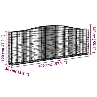 vidaXL Gabione mit Hochbogen 400x30x120/140 cm Verzinktes Eisen