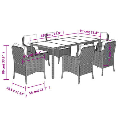 vidaXL 7-tlg. Garten-Essgruppe mit Kissen Grau Poly Rattan