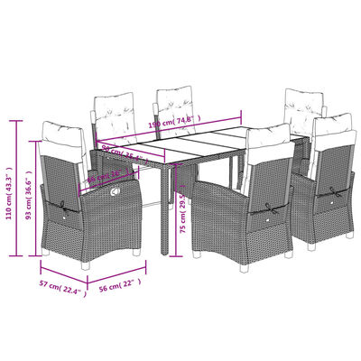 vidaXL 7-tlg. Garten-Essgruppe mit Kissen Schwarz Poly Rattan