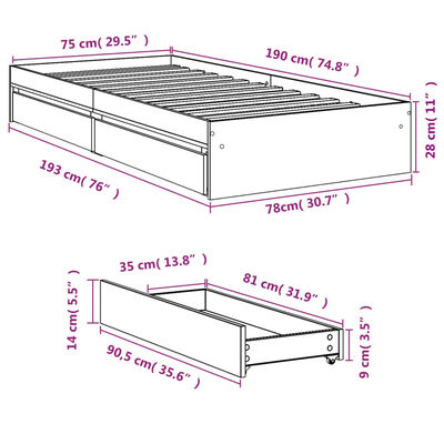 vidaXL Bettgestell mit Schubladen Grau Sonoma 75x190 cm Holzwerkstoff