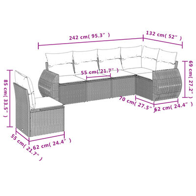 vidaXL 6-tlg. Garten-Sofagarnitur mit Kissen Grau Poly Rattan