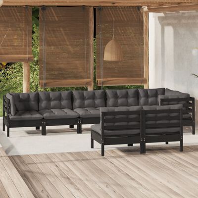 vidaXL 8-tlg. Garten-Lounge-Set mit Kissen Schwarz Massivholz Kiefer