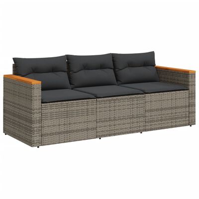 vidaXL Gartensofa mit Kissen 3-Sitzer Grau Poly Rattan