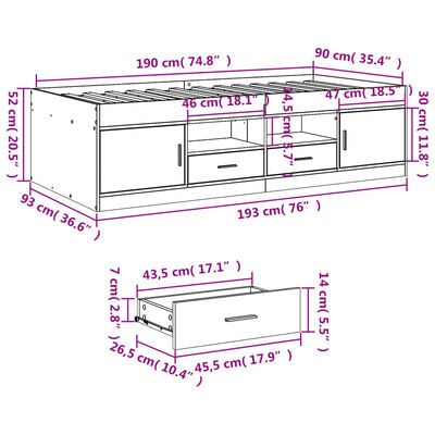 vidaXL Tagesbett mit Schubladen ohne Matratze Grau Sonoma 90x190 cm