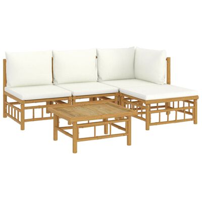 vidaXL 5-tlg. Garten-Lounge-Set mit Cremeweißen Kissen Bambus