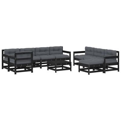 vidaXL 10-tlg. Garten-Lounge-Set mit Kissen Schwarz Massivholz