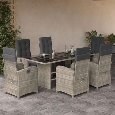 vidaXL 7-tlg. Garten-Essgruppe mit Kissen Hellgrau Poly Rattan