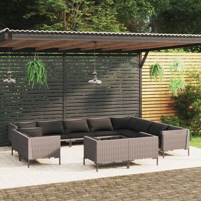 vidaXL 12-tlg. Garten-Lounge-Set mit Kissen Poly Rattan Dunkelgrau