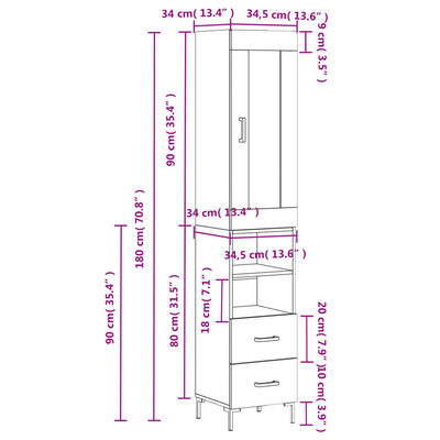 vidaXL Highboard Schwarz 34,5x34x180 cm Holzwerkstoff