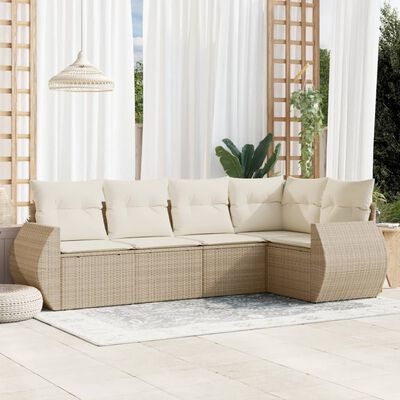 vidaXL 5-tlg. Garten-Sofagarnitur mit Kissen Beige Poly Rattan