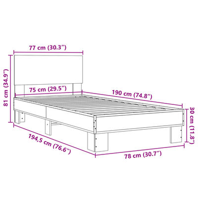 vidaXL Bettgestell Sonoma-Eiche 75x190 cm Holzwerkstoff und Metall