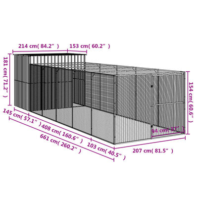 vidaXL Hundehütte mit Auslauf Anthrazit 214x661x181cm Verzinkter Stahl