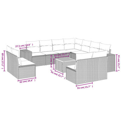 vidaXL 12-tlg. Garten-Sofagarnitur mit Kissen Beige Poly Rattan