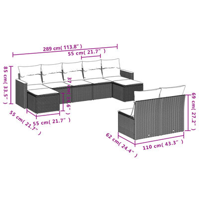 vidaXL 9-tlg. Garten-Sofagarnitur mit Kissen Schwarz Poly Rattan