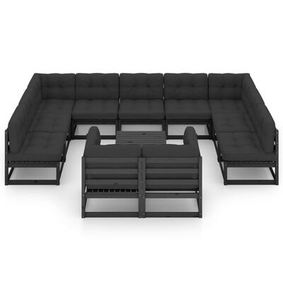 vidaXL 12-tlg. Garten-Lounge-Set mit Kissen Schwarz Massivholz Kiefer