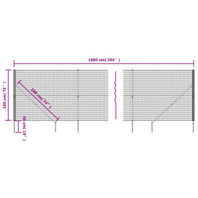 vidaXL Maschendrahtzaun mit Bodenhülsen Anthrazit 1,8x10 m