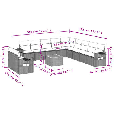 vidaXL 12-tlg. Garten-Sofagarnitur mit Kissen Schwarz Poly Rattan