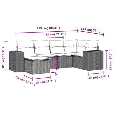 vidaXL 6-tlg. Garten-Sofagarnitur mit Kissen Schwarz Poly Rattan