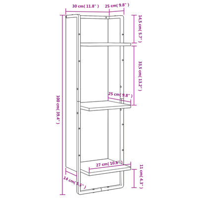 vidaXL Wandregal 3 Fächer Schwarz 30x25x100 cm Holzwerkstoff