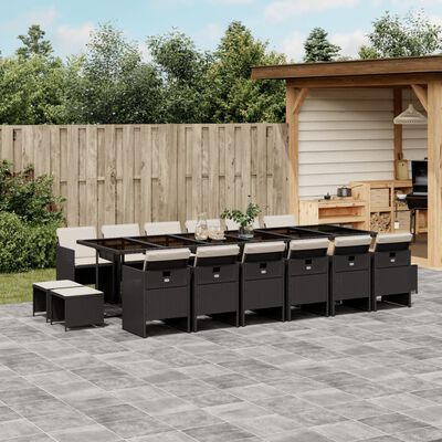 vidaXL 17-tlg. Garten-Essgruppe mit Kissen Schwarz Poly Rattan