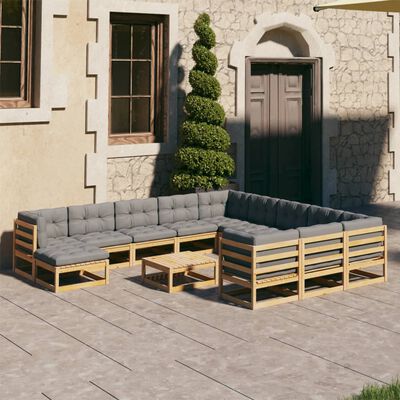 vidaXL 12-tlg. Garten-Lounge-Set mit Kissen Schwarz Massivholz Kiefer