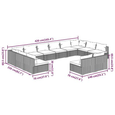 vidaXL 12-tlg. Garten-Lounge-Set mit Kissen Grau Poly Rattan