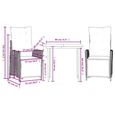 vidaXL 3-tlg. Garten-Essgruppe mit Kissen Braun Poly Rattan