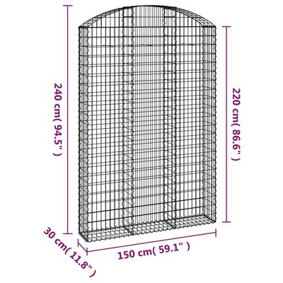 vidaXL Gabione mit Hochbogen 150x30x220/240 cm Verzinktes Eisen