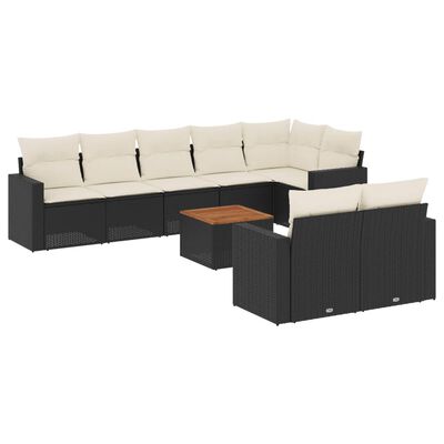 vidaXL 9-tlg. Garten-Sofagarnitur mit Kissen Schwarz Poly Rattan