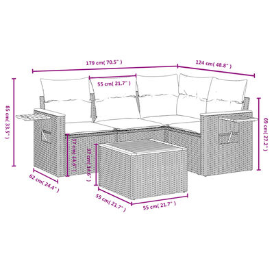 vidaXL 5-tlg. Garten-Sofagarnitur mit Kissen Grau Poly Rattan