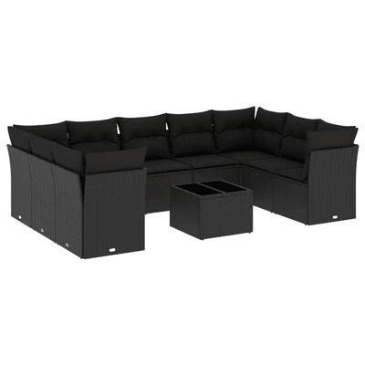 vidaXL 10-tlg. Garten-Sofagarnitur mit Kissen Schwarz Poly Rattan