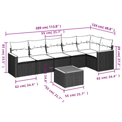 vidaXL 7-tlg. Garten-Sofagarnitur mit Kissen Schwarz Poly Rattan