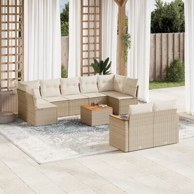 vidaXL 10-tlg. Garten-Sofagarnitur mit Kissen Beige Poly Rattan