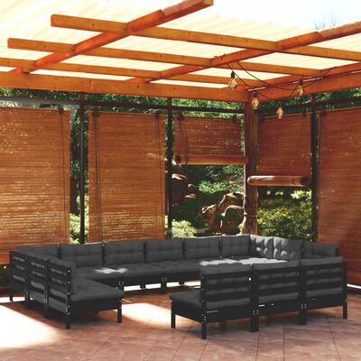 vidaXL 13-tlg. Garten-Lounge-Set mit Kissen Schwarz Kiefer Massivholz