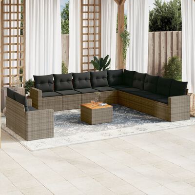 vidaXL 12-tlg. Garten-Sofagarnitur mit Kissen Grau Poly Rattan