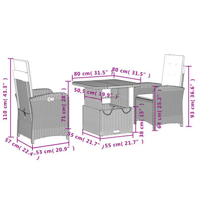 vidaXL 3-tlg. Garten-Essgruppe mit Kissen Beige Poly Rattan