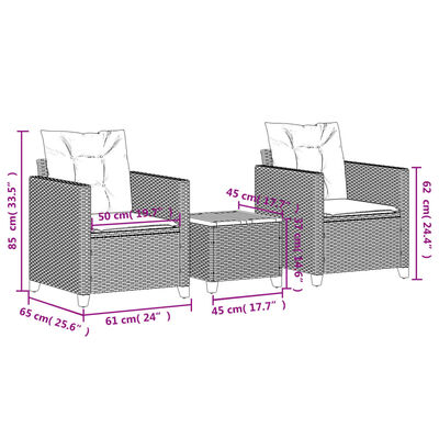 vidaXL 3-tlg. Bistro-Set mit Kissen Beige Poly Rattan Akazienholz