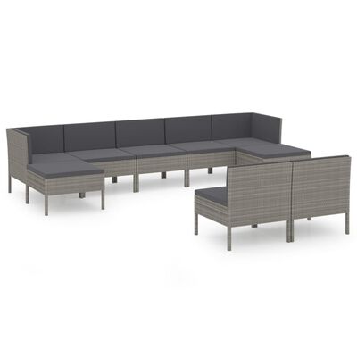 vidaXL 9-tlg. Garten-Lounge-Set mit Auflagen Poly Rattan Grau