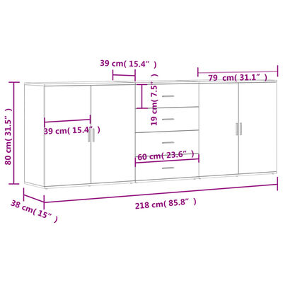 vidaXL Sideboards 3 Stk. Weiß Holzwerkstoff