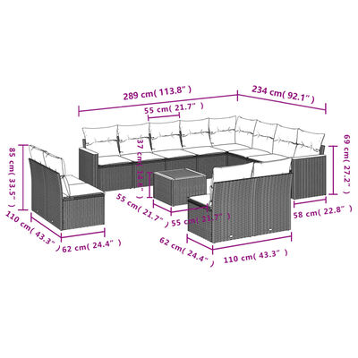 vidaXL 13-tlg. Garten-Sofagarnitur mit Kissen Schwarz Poly Rattan