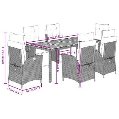 vidaXL 7-tlg. Garten-Essgruppe mit Kissen Schwarz Poly Rattan